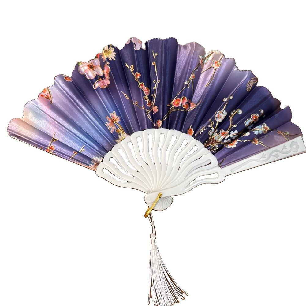 Vintage Plastic Folding Stitched Purple Fabric Fan Japanese Cherry Blossom